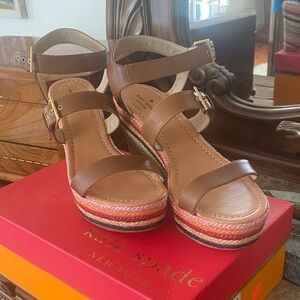 kate spade Brown Leather Wedge Sandals with Multicolor Braided Platform NIB